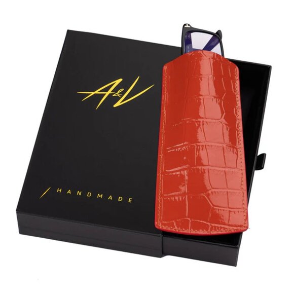 Handmade Calfskin Glasses Case – Exotic Skin Look - Orange Red - Picture 2 of 3